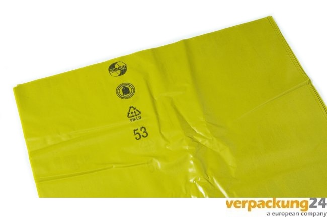 Müllbeutel LDPE, 80my, 650+550x1350mm, 240 Liter, gelb-transparent 